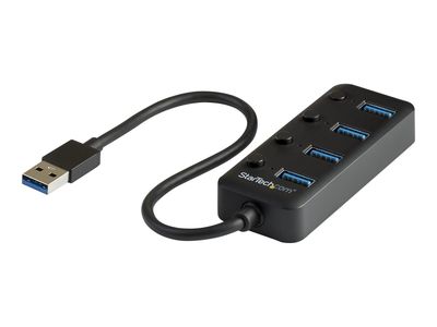 StarTech.com 4 Port USB 3.0 Hub, USB-A to 4x USB 3.0 Type-A with Individual On/Off Port Switches, SuperSpeed 5Gbps USB 3.1/USB 3.2 Gen 1, USB Bus Powered, Portable, 9.8" Attached Cable - Windows/macOS/Linux (HB30A4AIB) - hub - 4 ports_1