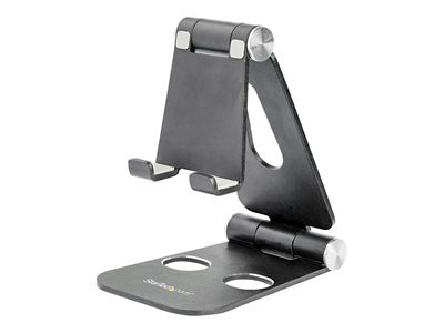 StarTech.com Phone and Tablet Stand, Foldable Universal Mobile Device Holder for Smartphones & Tablets, Adjustable Multi-Angle Viewing Ergonomic Cell Phone Stand for Desk, Portable, Black - Foldable Phone Holder (USPTLSTNDB) - desktop stand for cellular p_1