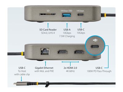 StarTech.com Universal USB C multiport adapter - Apple M1/M2 Dual Display compatible - DisplayLink Cert Dual 4K 60Hz HDMI 2.0b - 1xA/1xC USB 3.2 10Gbps hub | 100W PD charging - Type-C Mini docking station - Power adapter/bus powered - Win/Chrome/macOS - D_7