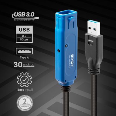 Lindy 43362 USB Kabel USB 3.2 Gen 1 (3.1 Gen 1) 30 m USB A 5 Gbit/s Schwarz, Blau_2