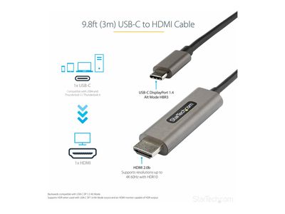StarTech.com 3m USB-C auf HDMI Kabel 4K 60Hz mit HDR10 - Ultra HD Video Adapter Kabel - DP 1.4 Alt Mode HBR3 (CDP2HDMM3MH) - Adapterkabel - HDMI / USB - 3 m_2