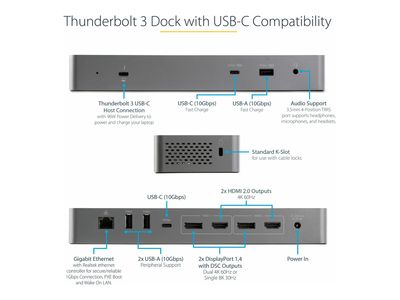 StarTech.com Thunderbolt 3 Dock mit USB-C Host-Kompatibilität - Dual 4K 60Hz DisplayPort 1.4 oder Dual HDMI Monitore - Single 8K - TB3/USB-C Laptop Docking Station - 96W PD, 5xUSB - 10 Gbit/s (TB3CDK2DHUE) - Dockingstation - USB-C 3.2 Gen 2 / Thunderbolt_4
