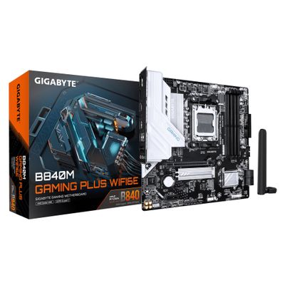 GIGABYTE B840M GAMING PLUS WIFI6E Mainboard – AMD Ryzen 9000 CPUs, 8+2+2-Phasen-VRM, bis zu 8200 MHz DDR5 (O.C.), 2× PCIe-4.0-M.2, Wi-Fi 6E, 1-GbE-LAN, USB 3.2 Gen 2_thumb
